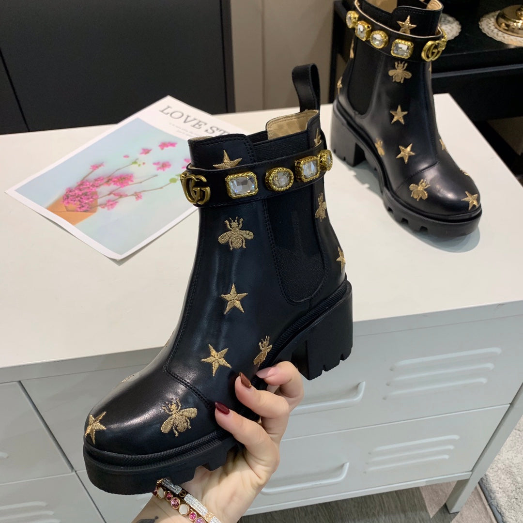 GG ankle boots star and bee black sheepskin with belt clearance