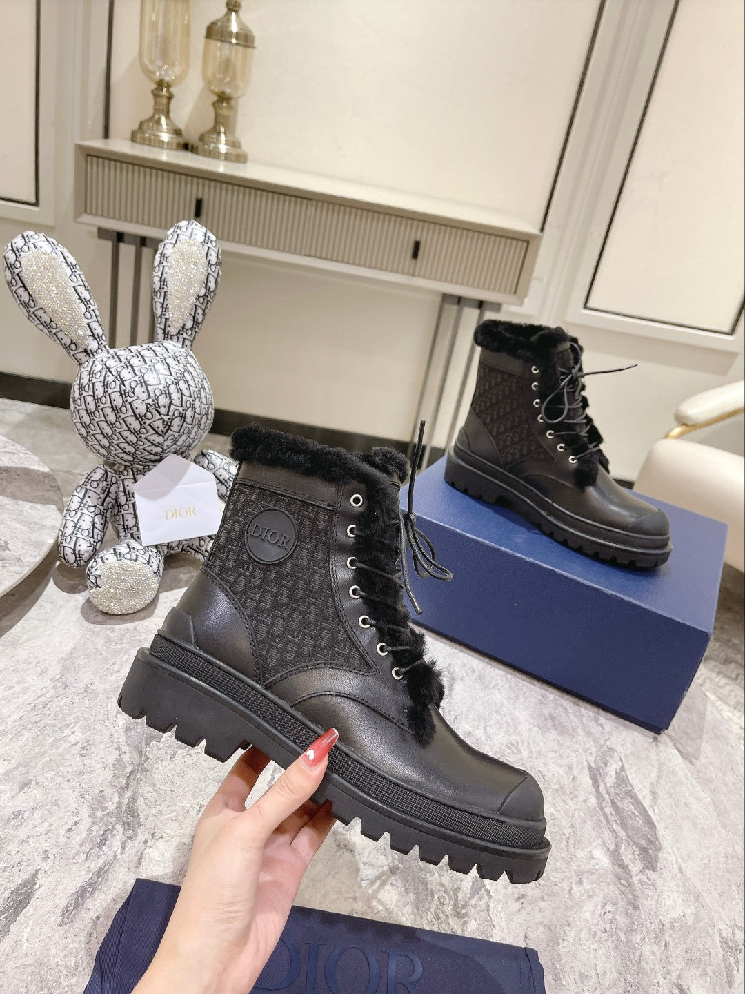 CD Explorer Ankle Boot 50mm Black Fleece Lining Oblique Jacquard Fabric And Cowhide