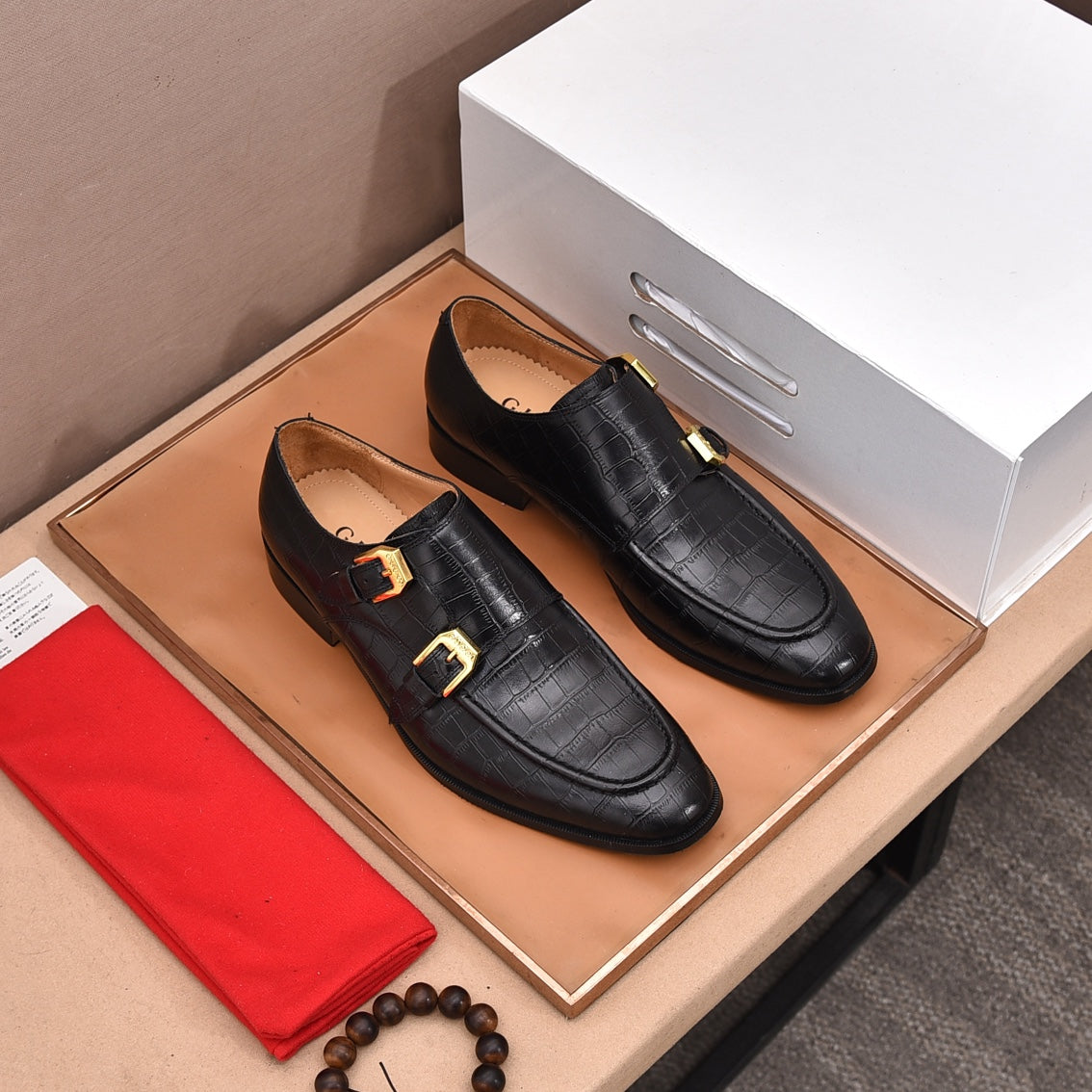 GG Men's Double Monk Strap Loafer Black Embossed Cowhide