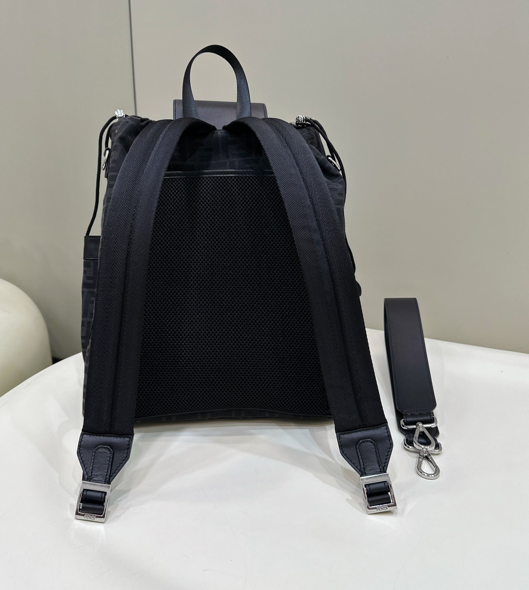 FENDI STRIKE 41 MEDIUM FF BLACK JACQUARD FABRIC BACKPACK