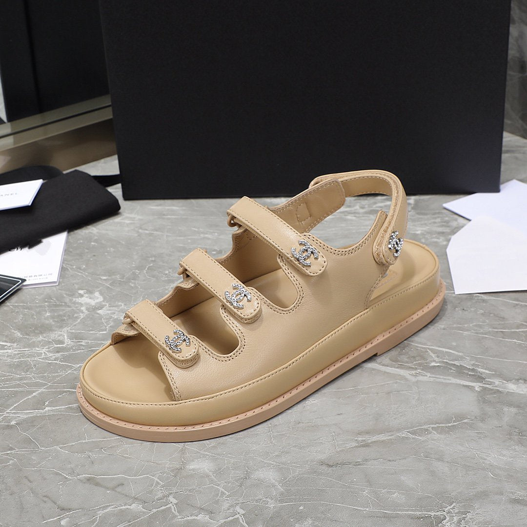 dad sandal beige calfskin silver cc