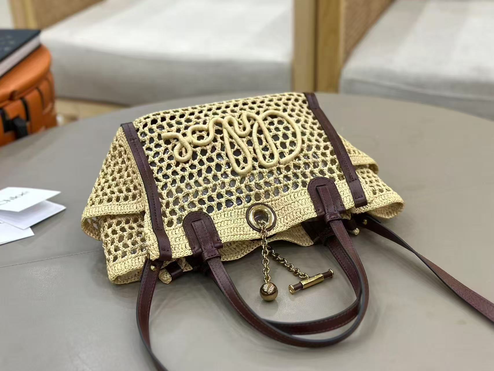 Chloe Iconic Tote Bag Beige mix Brown Raffia Leather