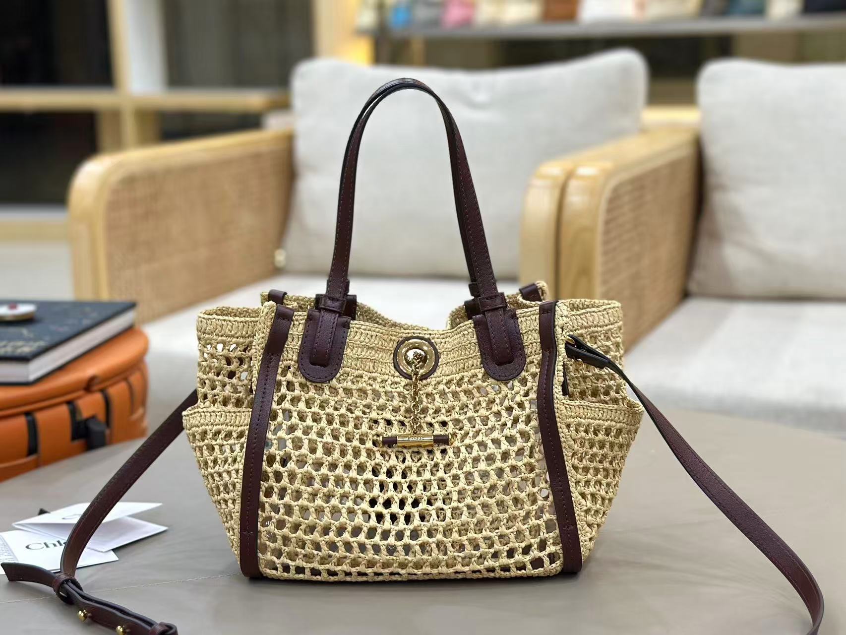 Chloe Iconic Tote Bag Beige mix Brown Raffia Leather