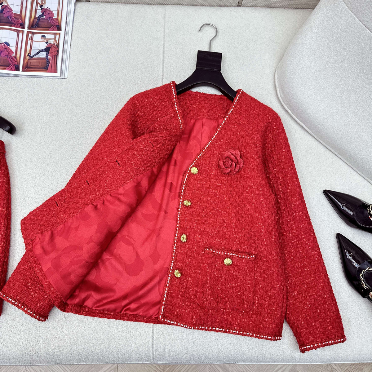 Chanel 2026 Short Jacket And Skirt Set Red Tweed