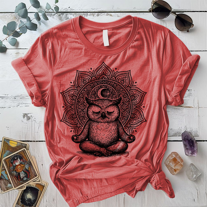 Meditating Owl Mandala T-Shirt Mockup Coral Silk