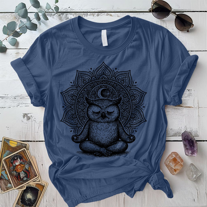 Meditating Owl Mandala T-Shirt Mockup Indigo Blue
