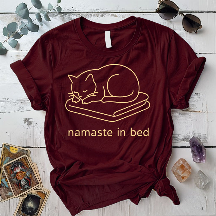 Namaste In Bed Cat T-Shirt Mockup Maroon