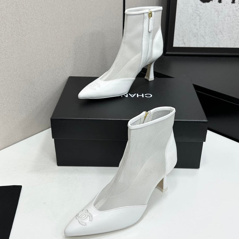 Chanel 2026 Pointed Toe Ankle Boots 80mm Mesh Suede Cowhide 985779