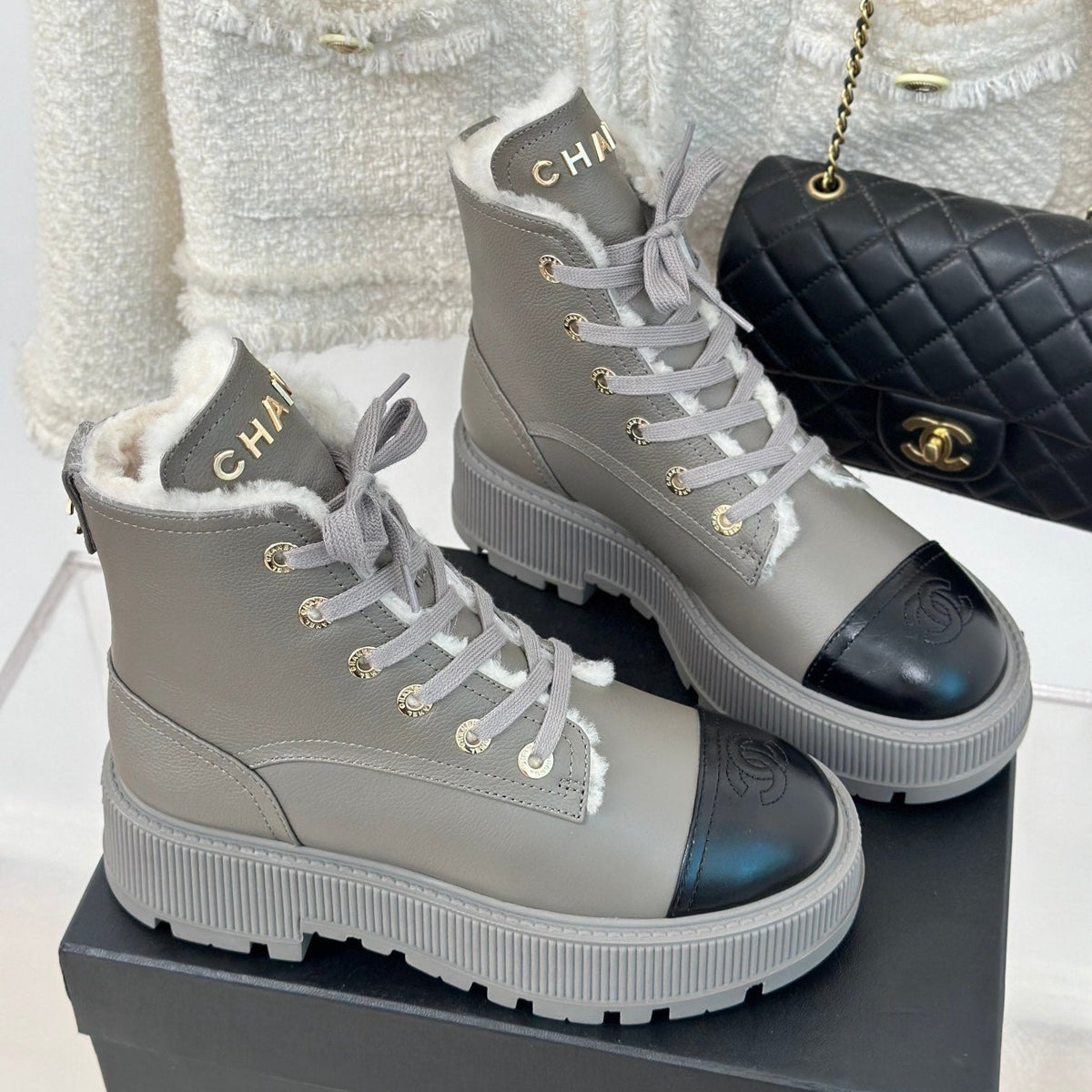 Chanel 2026 Lace-Up Ankle Boots 50mm Leather Wool 188600