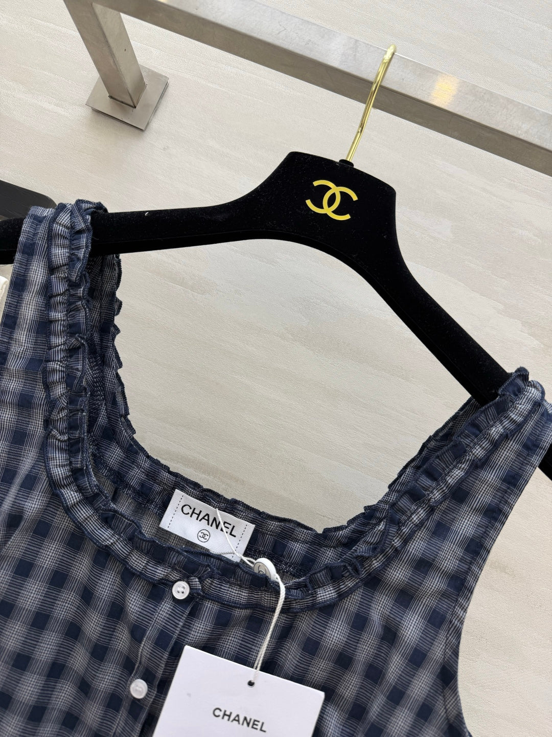 Chanel 2026 Checkered Ruffled Camisole Navy Blue Cotton