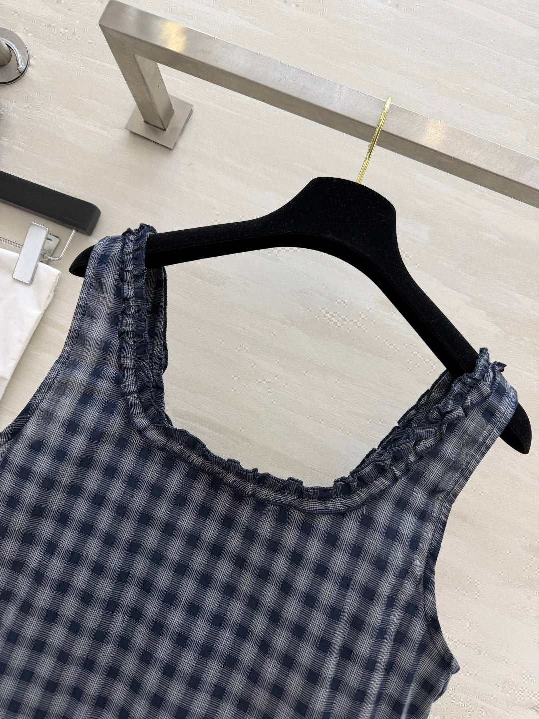 Chanel 2026 Checkered Ruffled Camisole Navy Blue Cotton