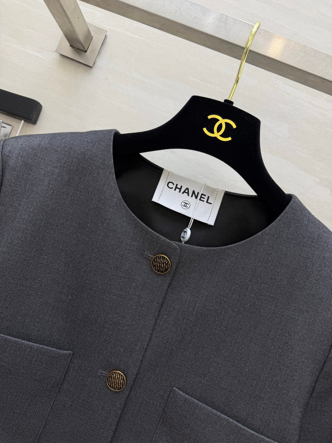 Chanel 2026 Crew Neck Short Jacket Dark Grey Fabric 422128