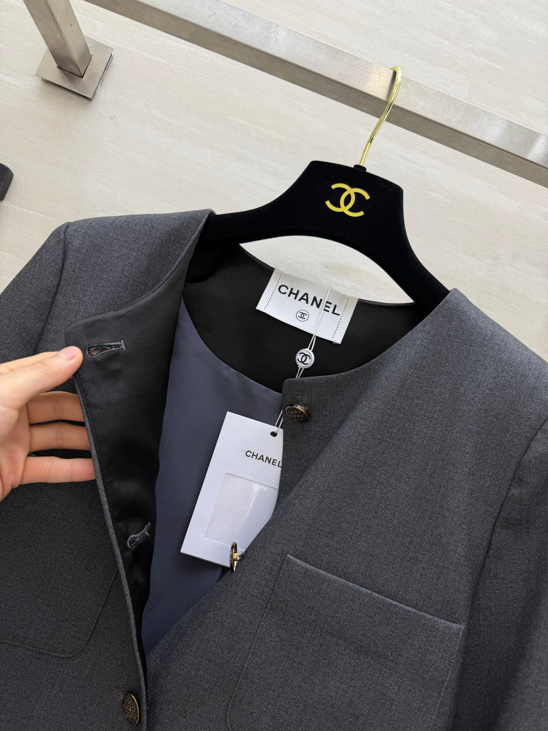 Chanel 2026 Crew Neck Short Jacket Dark Grey Fabric 422128