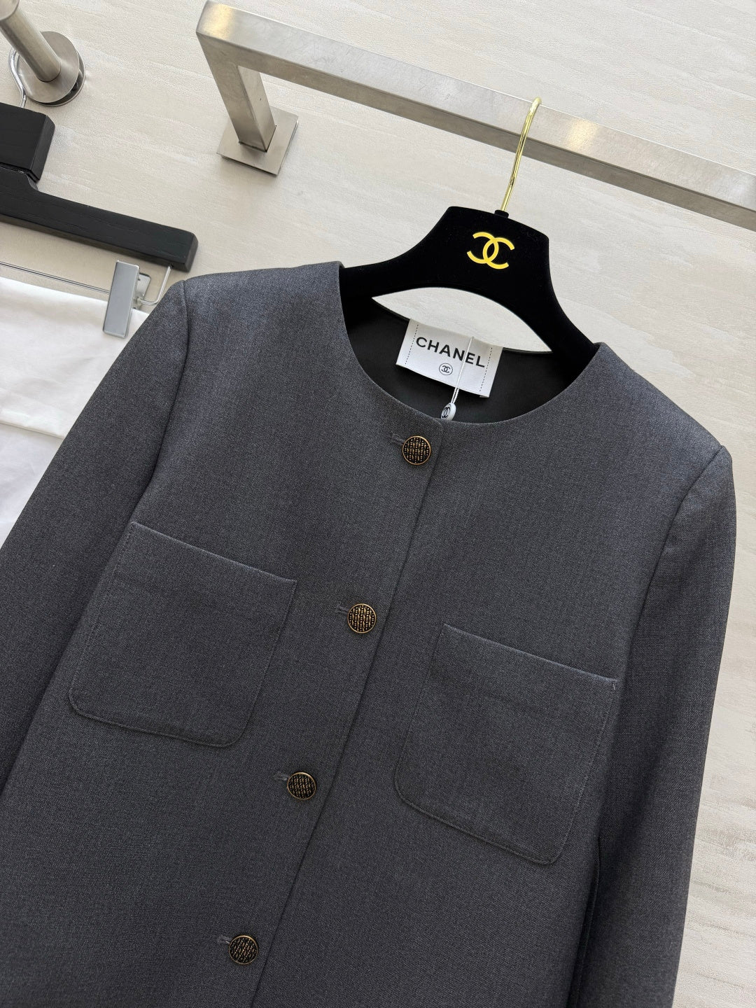 Chanel 2026 Crew Neck Short Jacket Dark Grey Fabric 422128