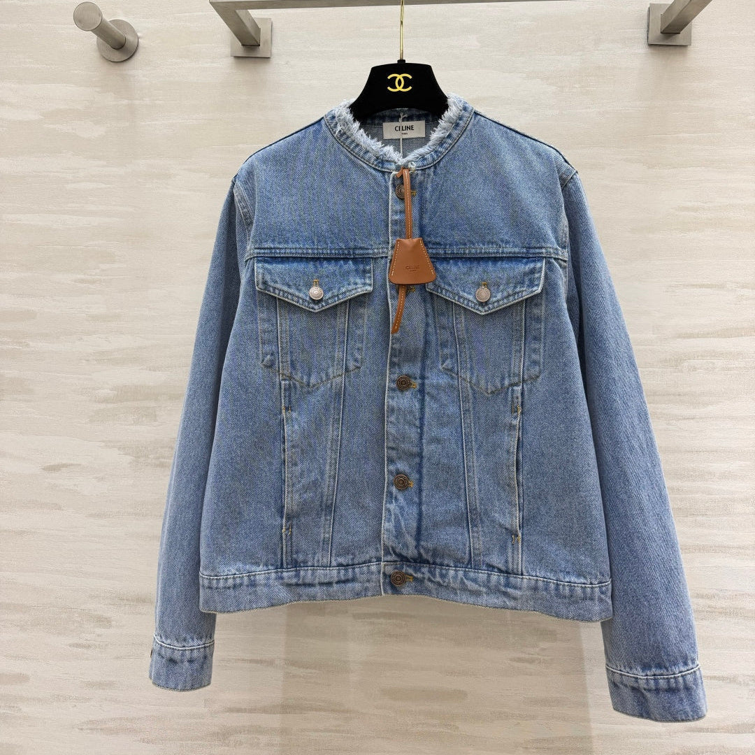 Celine 2026 Collarless Denim Jacket Blue And Black Cotton 431326