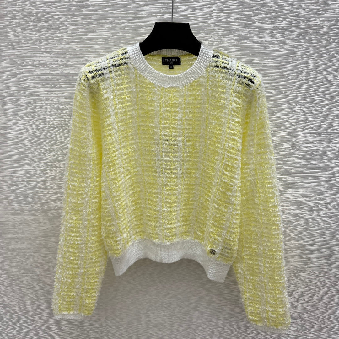 Chanel 2026 Hollow-out Round Neck Knitted Long Sleeve Yellow Cotton 244666