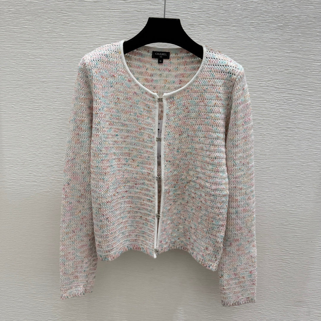 Chanel 2026 Round Neck Knitted Long Sleeve Cardigan Light Pink Wool 244668