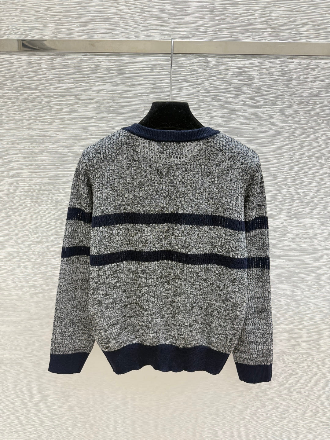 Chanel 2026 Striped Crew Neck Knit Long Sleeve Gray Wool 244670