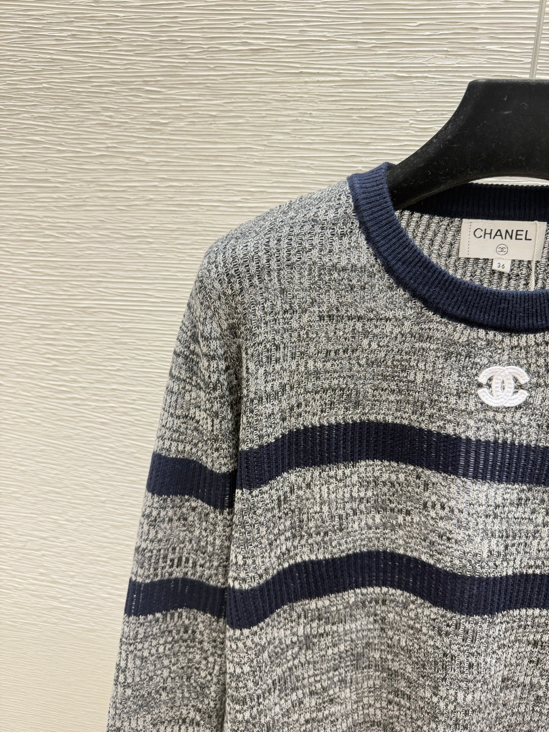 Chanel 2026 Striped Crew Neck Knit Long Sleeve Gray Wool 244670