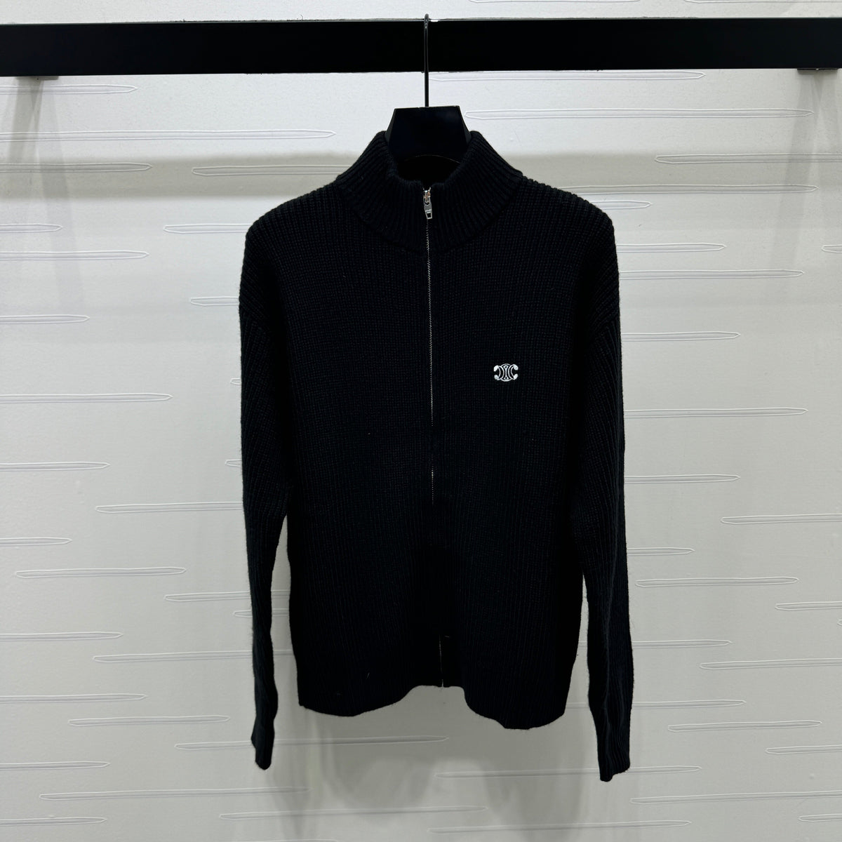 Celine 2026 Stand-up Collar Zip-up Long-sleeved Knit Cardigan Black Wool 430325
