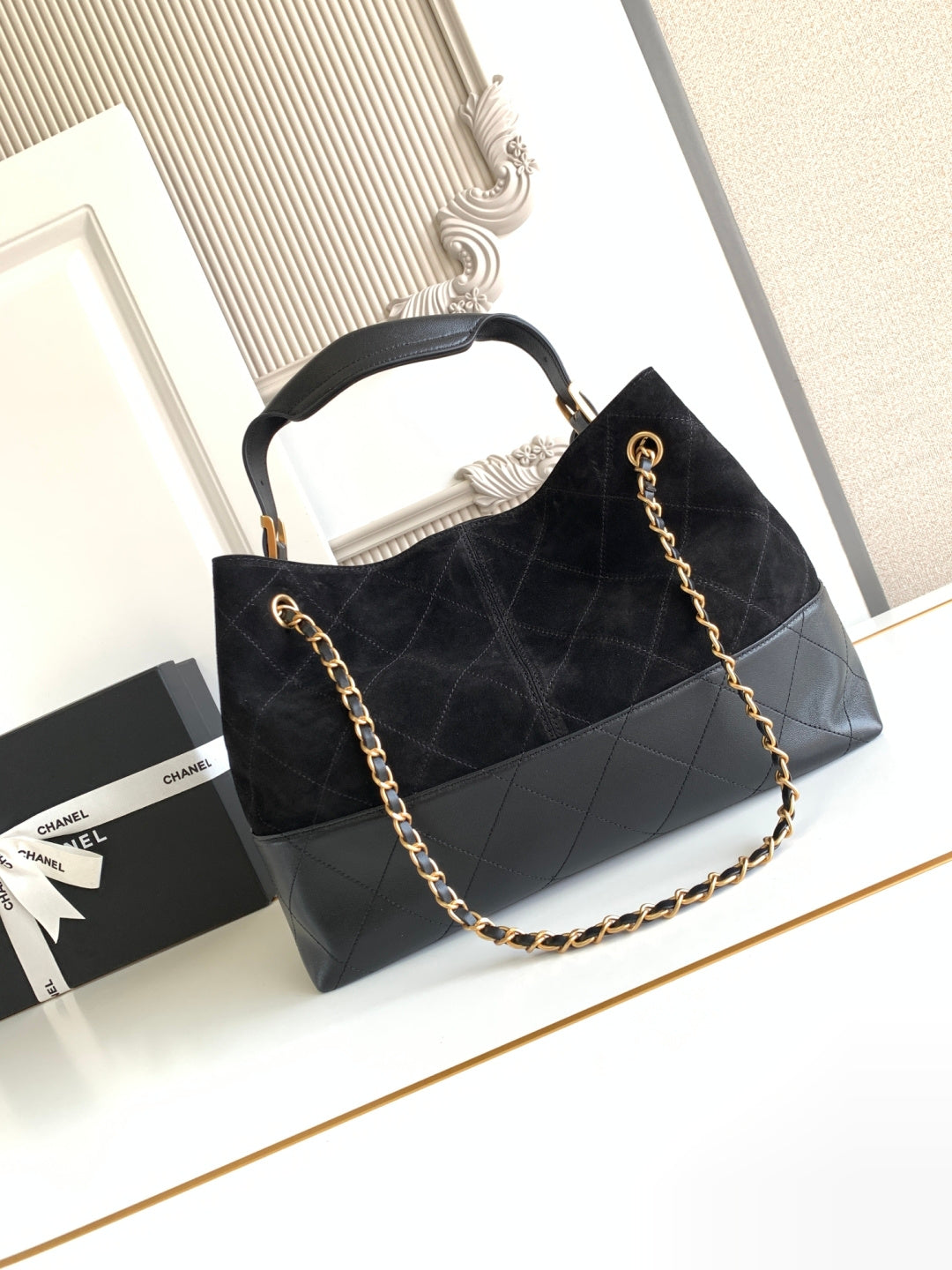 Chanel 2026 Stitched Shopping Bag 36cm Black Suede Calfskin 348237