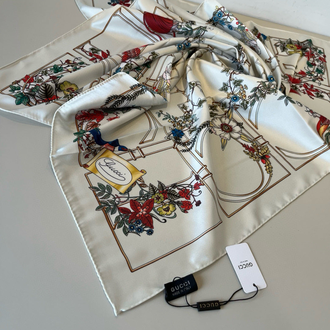 GG Signature Floral Scarf 90CM Cream Muticolor Twill Mulberry Silk 280661
