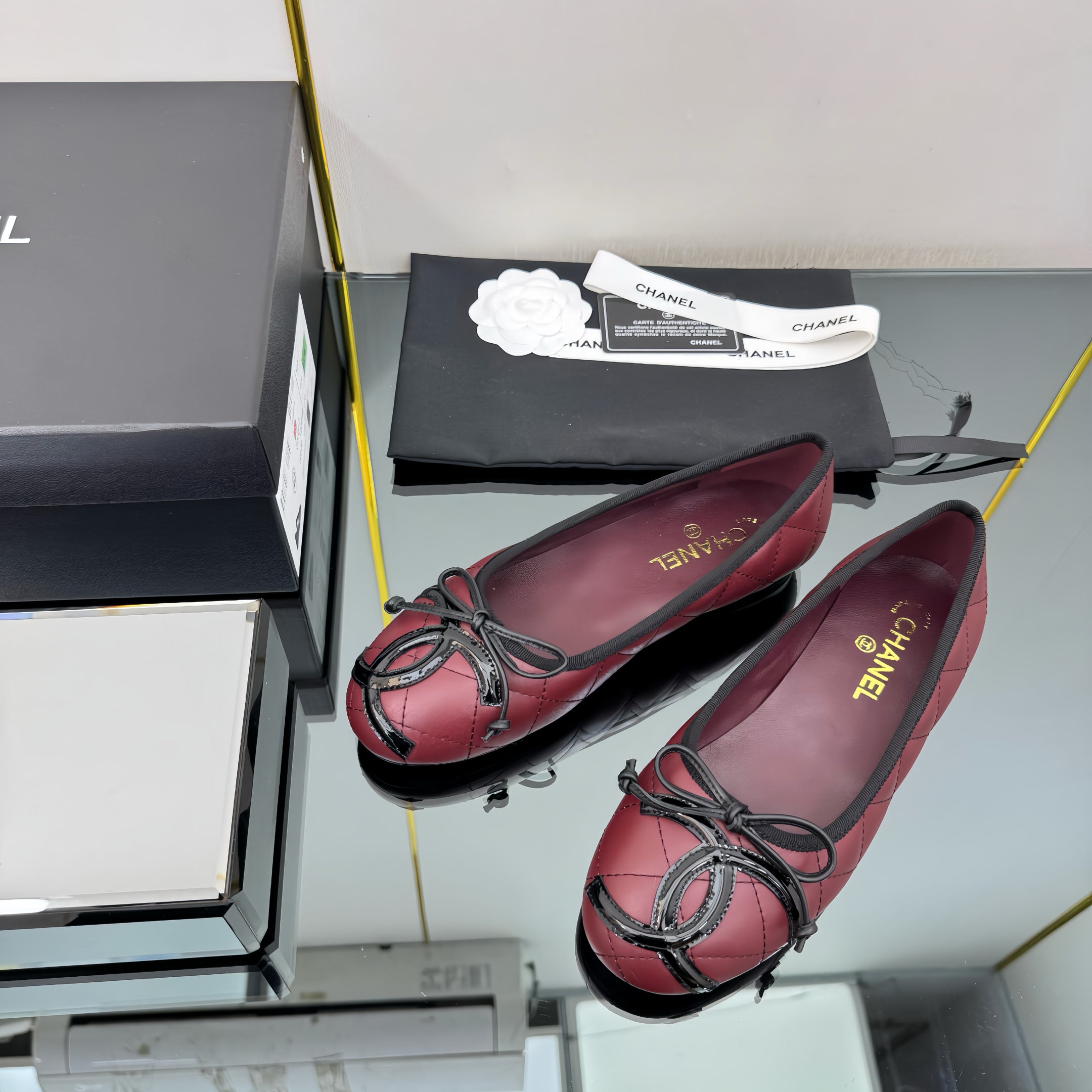 CC 25 Cambon Ballet Flat Burgundy Black Quilted Calfskin