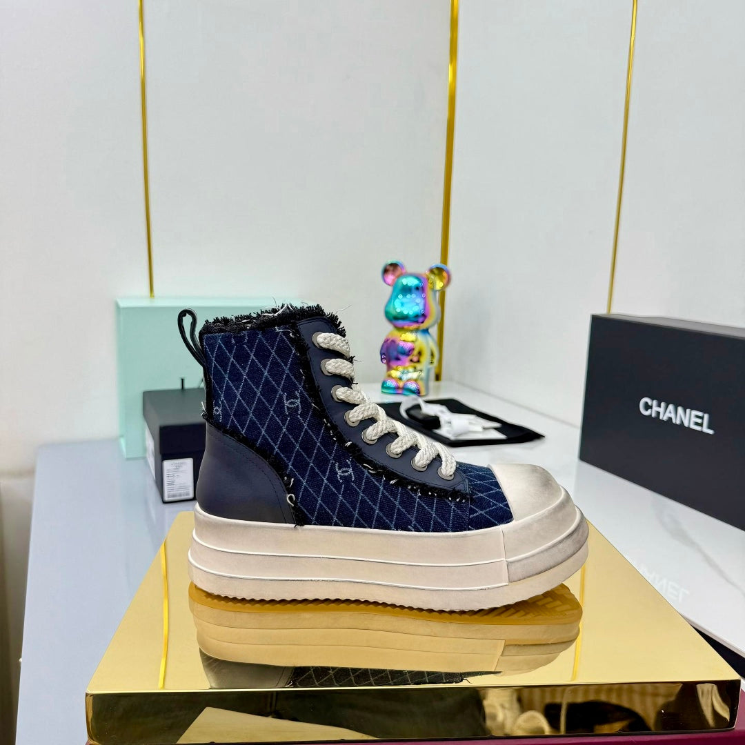 Chanel 25 High Sneaker Blue White Cowhide Denim Frabic 469779