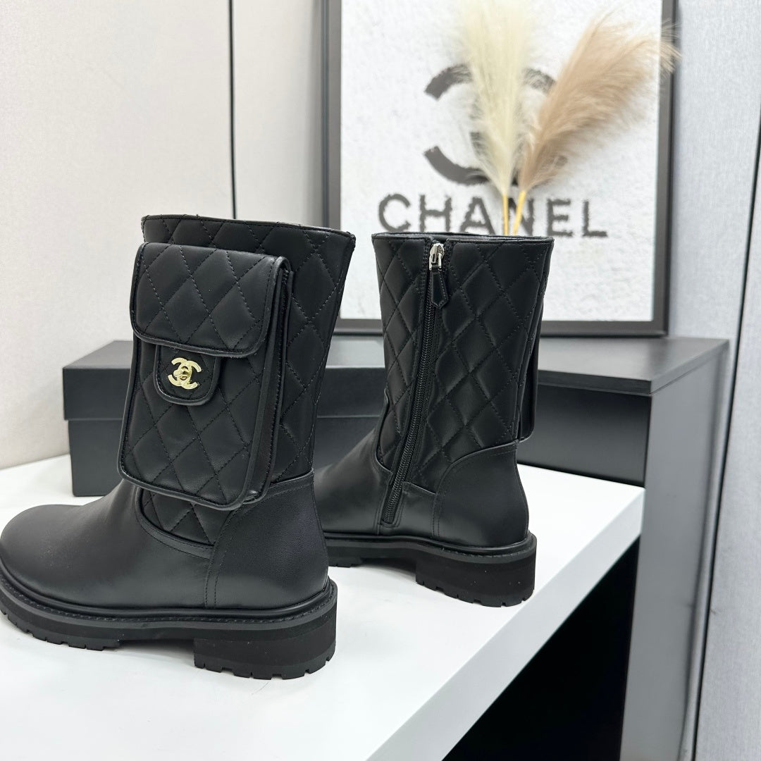 Chanel 2026 Quilted Pocket Combat Boots Black Cowhide 985931