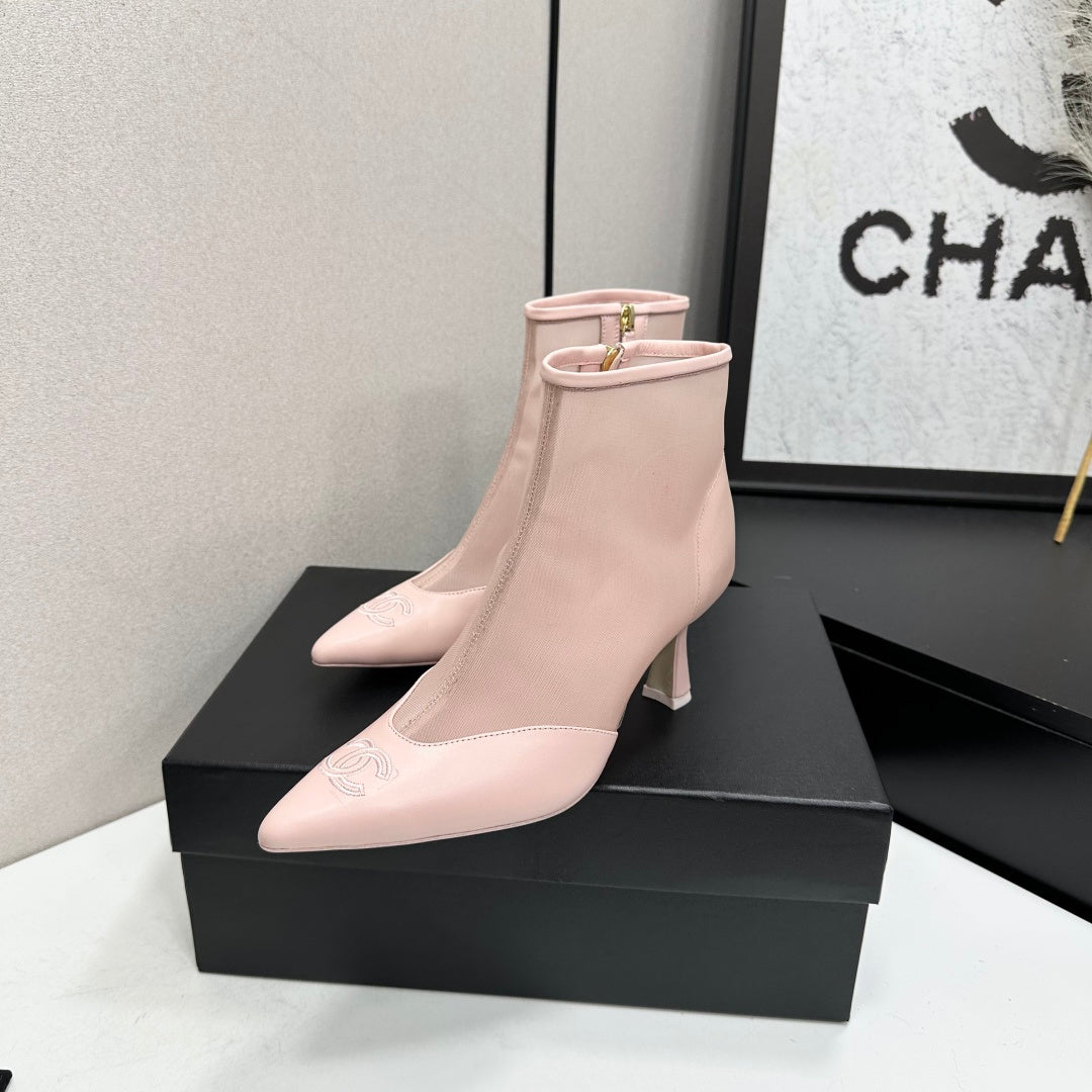 Chanel 2026 Pointed Toe Ankle Boots 80mm Mesh Suede Cowhide 985779