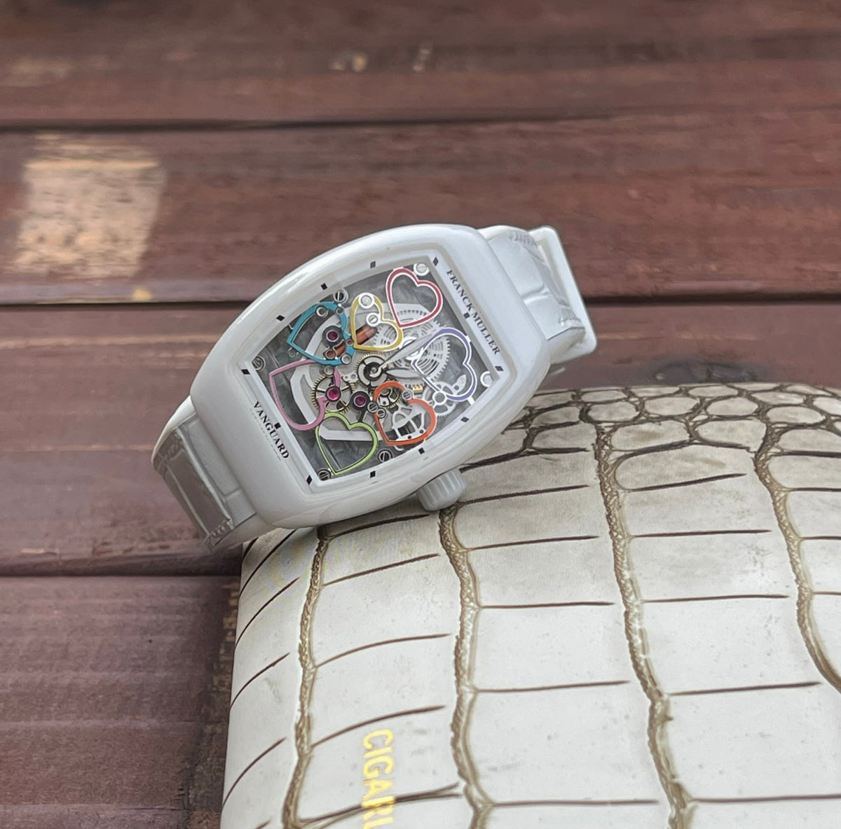 Franck Muller Vanguard 32mm Multicolor Heart Dial White Crocodial Leather