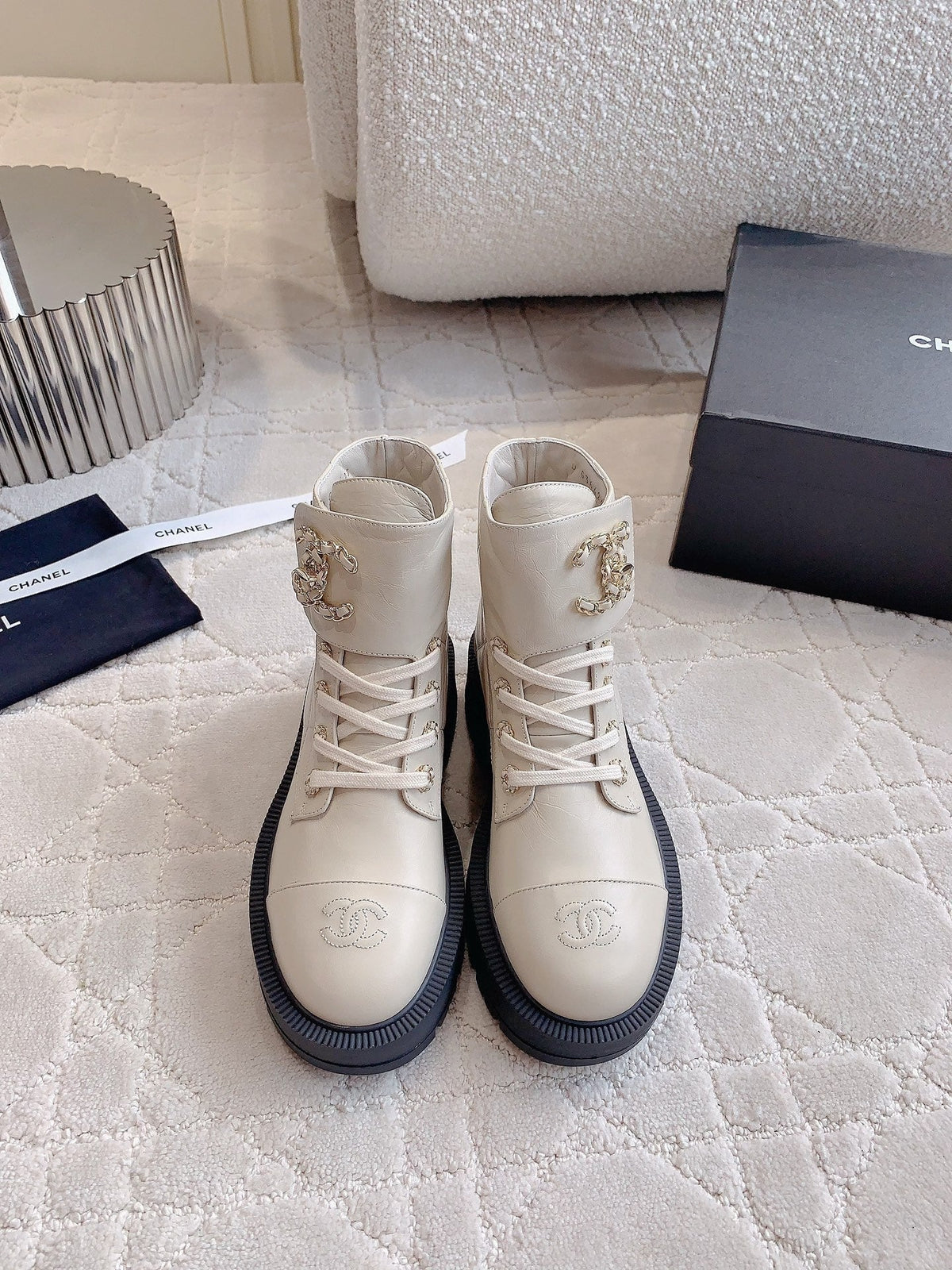 CC Ankle Boots In White Beige Wrinkled Calfskin 145489