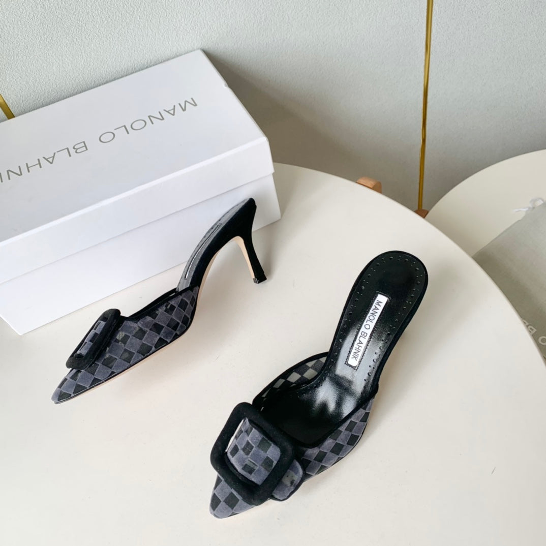 Manolo Mules Latest Checkerboard Grey Fabric Leather 528009