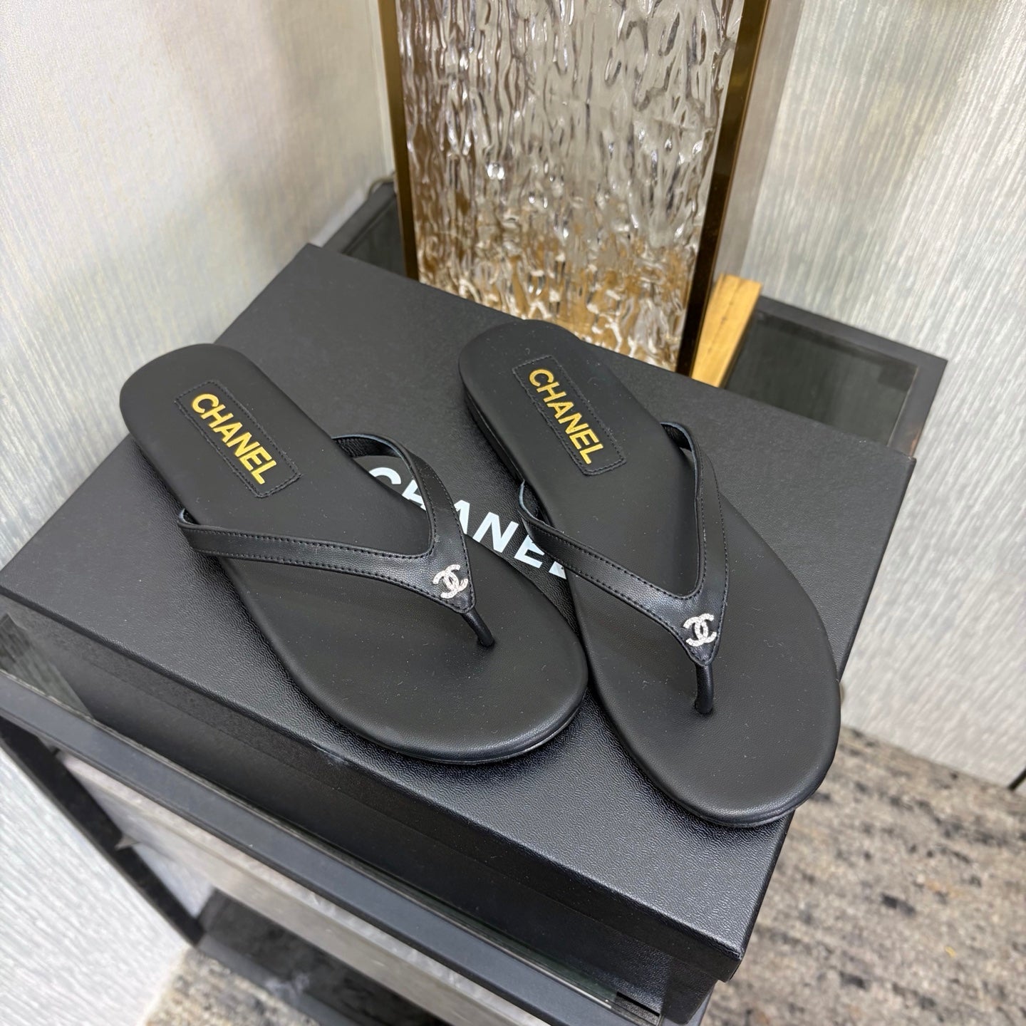 Chanel 2026 Classic CC Logo Flip Flops Black Sheepskin 826169