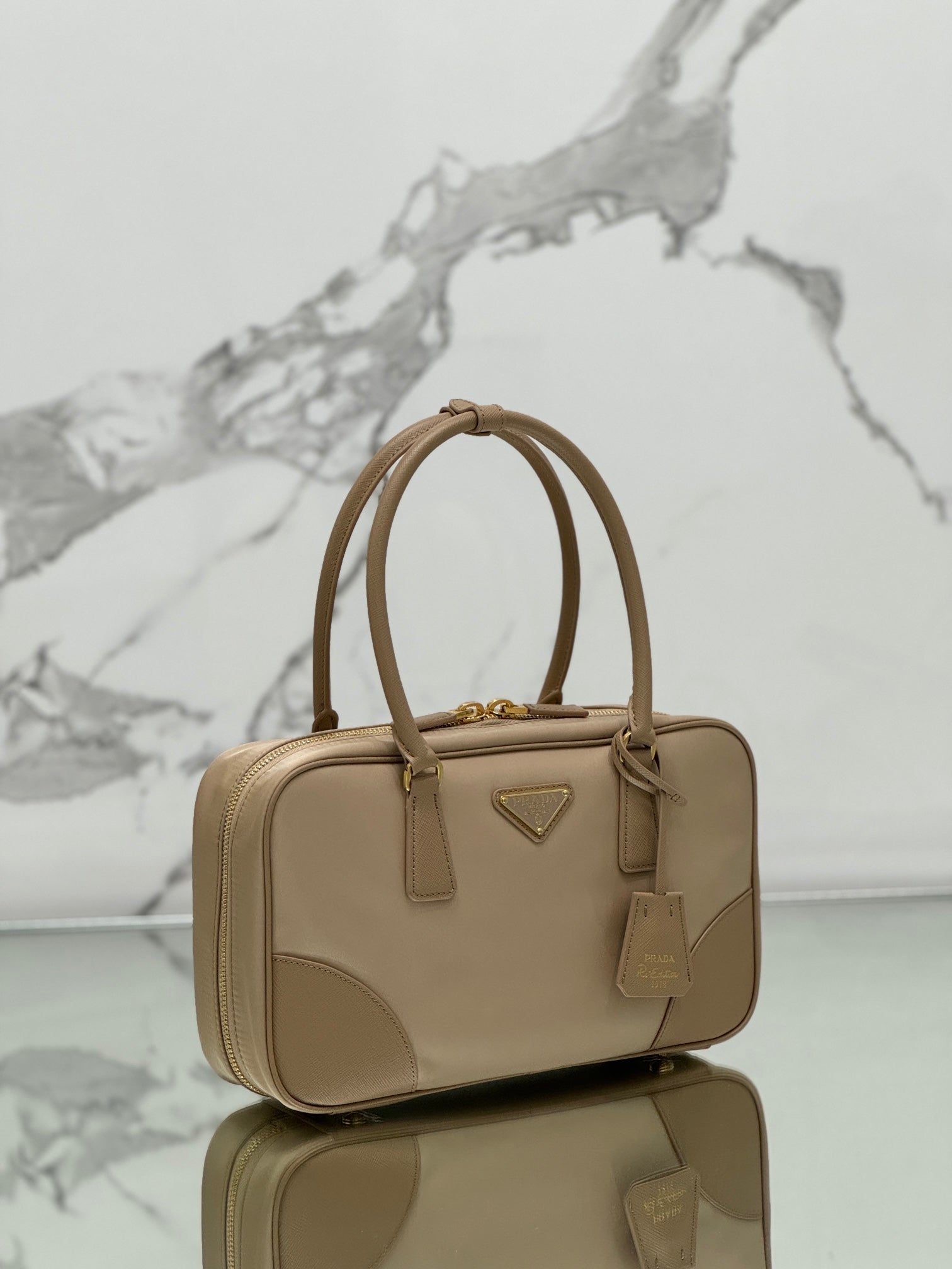 LARGE TOP HANDLE BAG 35 IN DRIED MOSS NYLON AND CALFSKIN TRIM