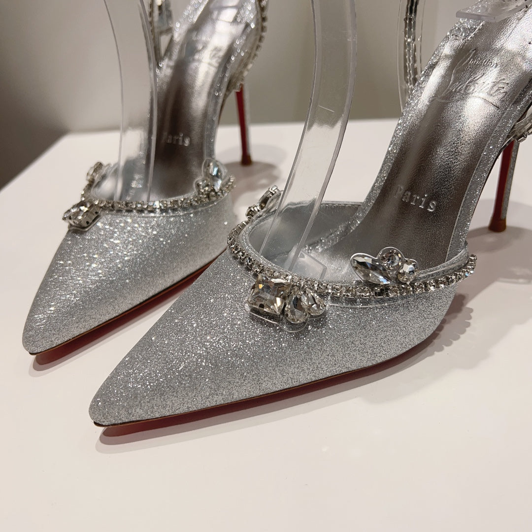 CL Marykate Queen 100MM Pumps Crystal-Embellished Glitter Silver