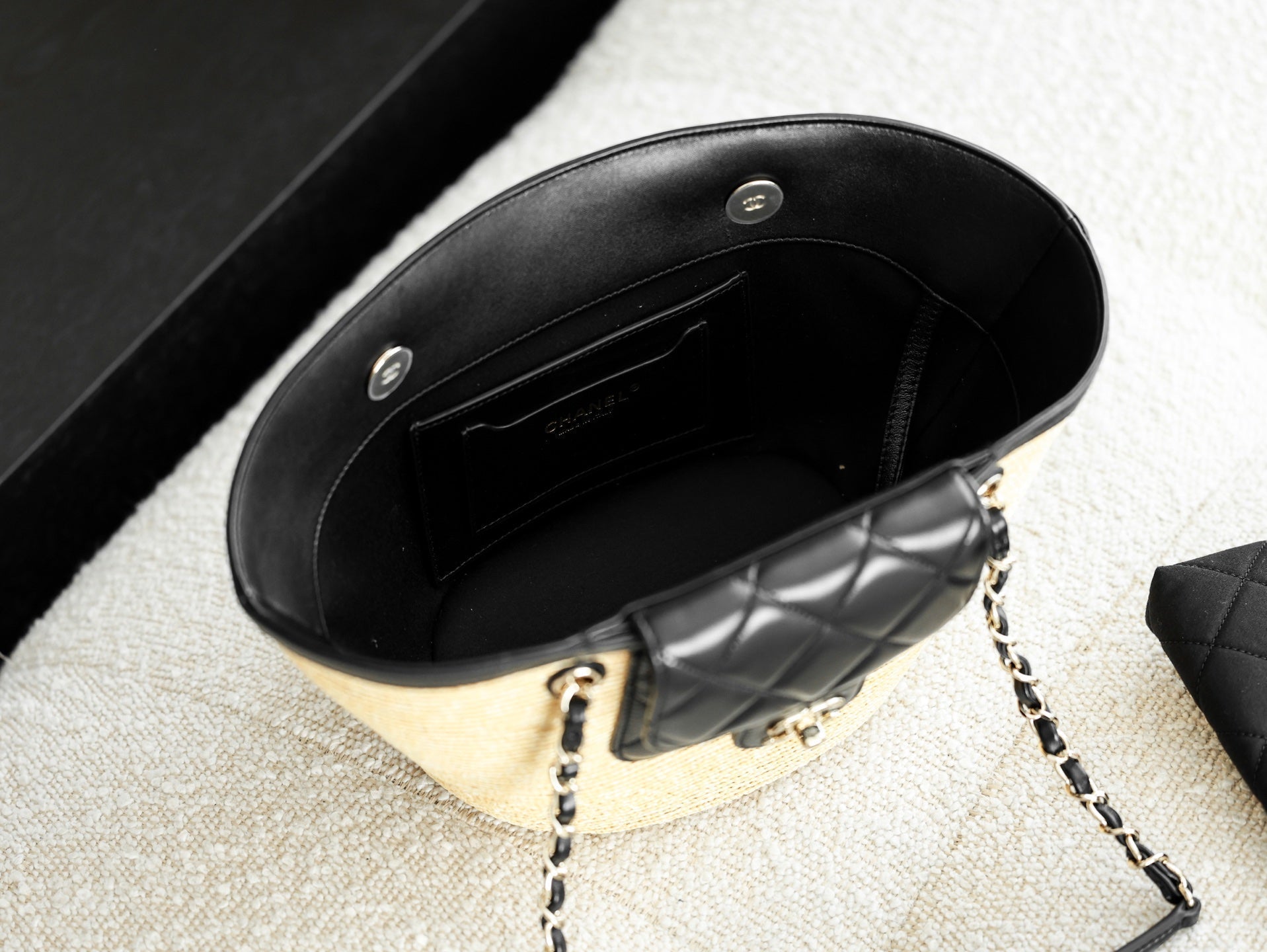 Chanel 2026 Shopping Bag 40cm Beige Black Straw Lambskin 351031