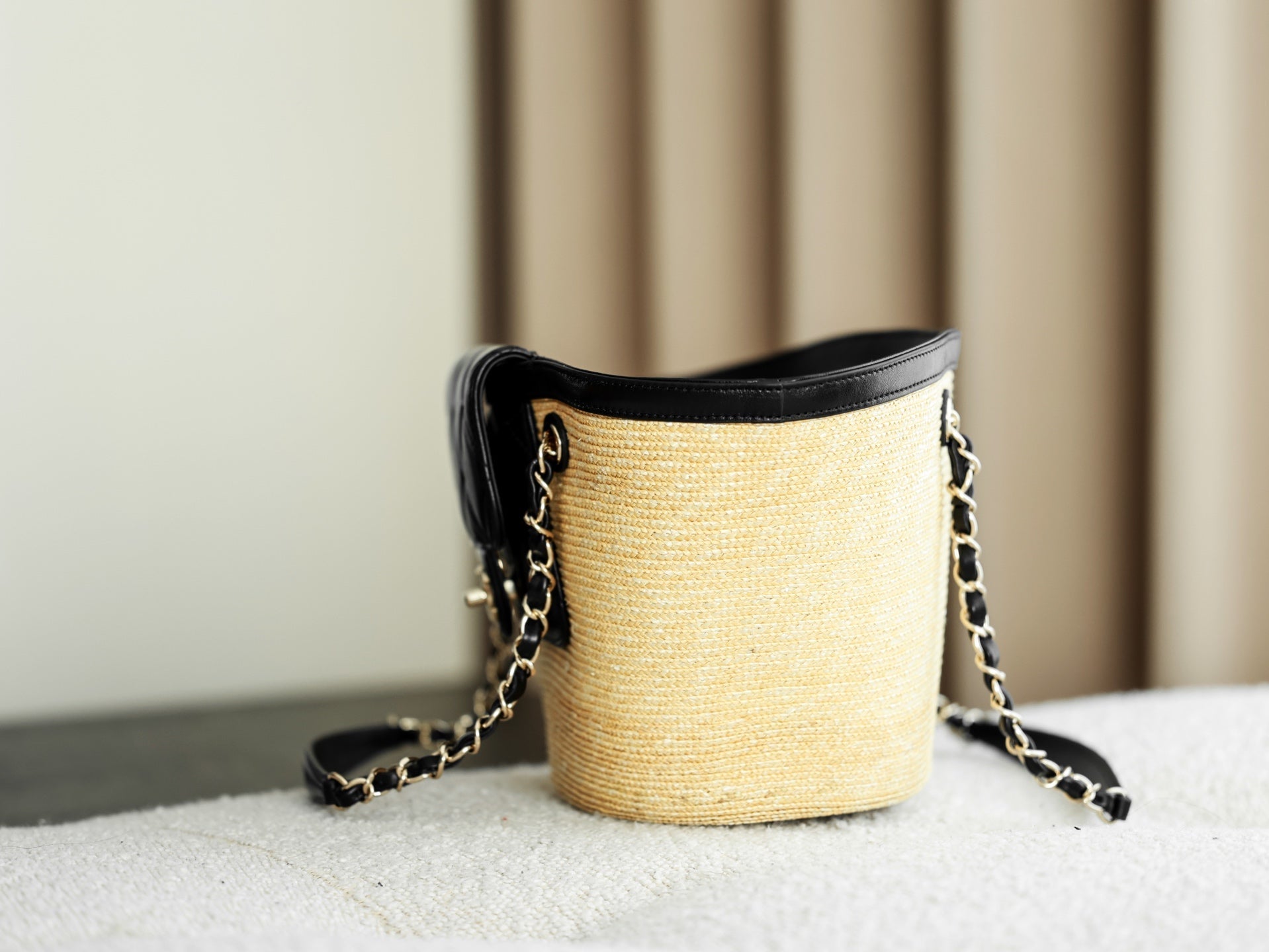 Chanel 2026 Shopping Bag 40cm Beige Black Straw Lambskin 351031