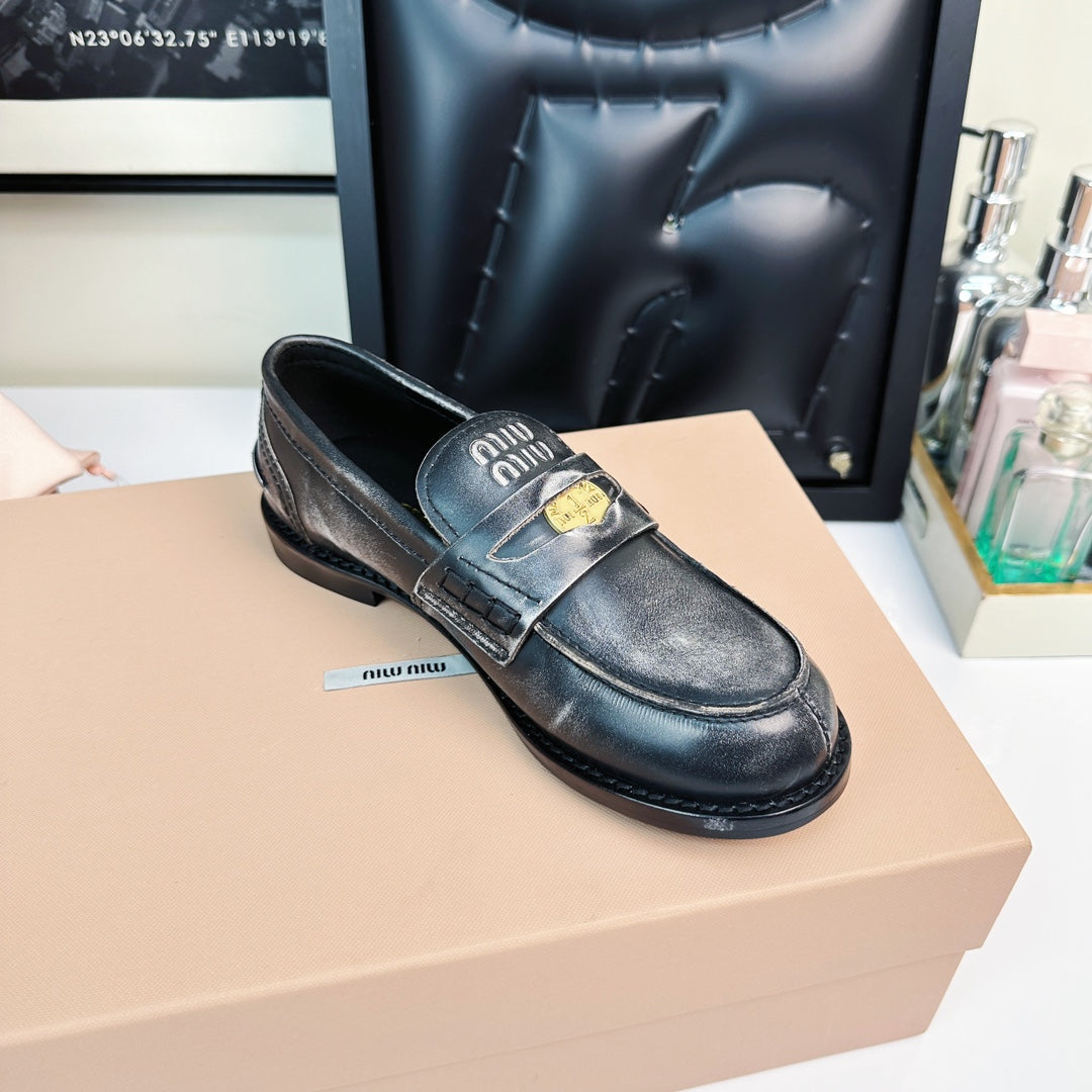 Miu Loafers Black Gray Calfskin