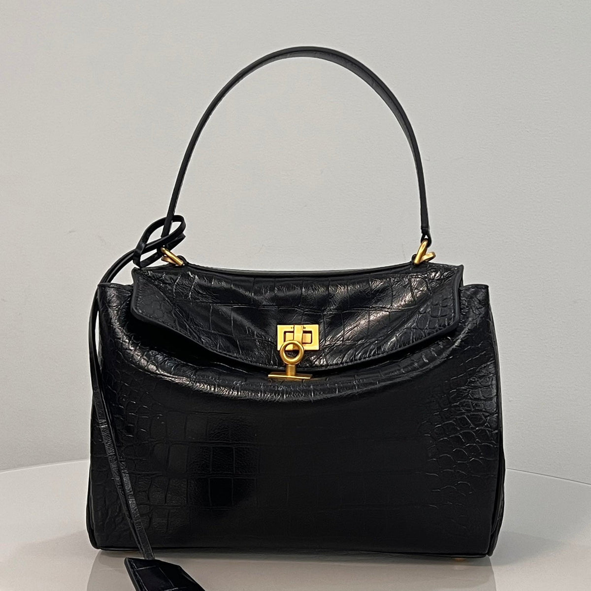 Balenciaga Small Rodeo Crocodile Embossed Bag 29 Black Leather Gold Hardware