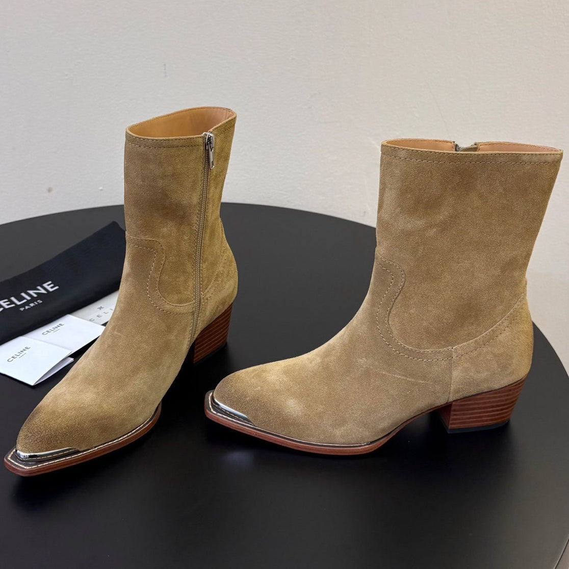 Celine 2026 Western Metallic Toe Ankle Boots 50mm Suede Leather 104866