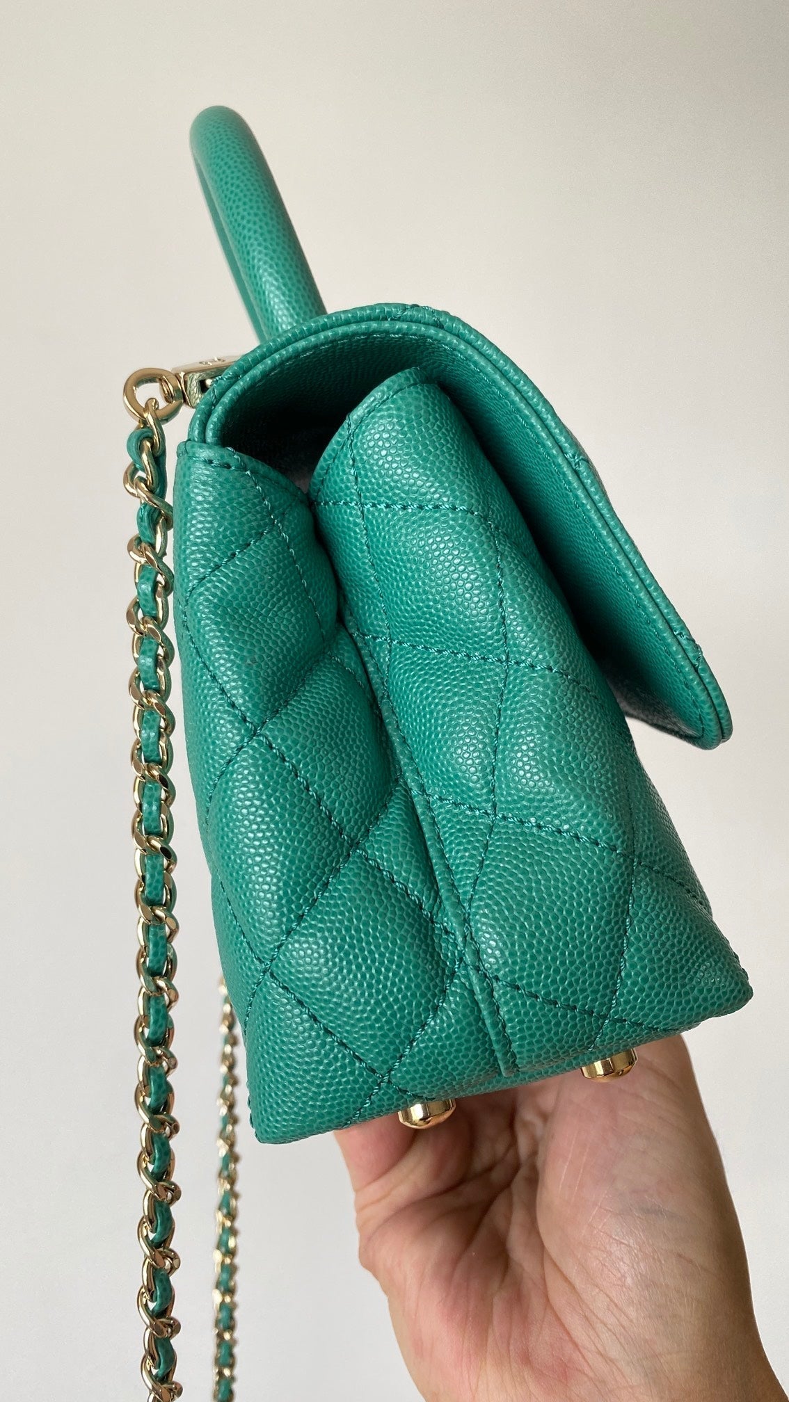 CC 25s Handle Bag 19 Pink Leather Green Caviar Gold Hardware