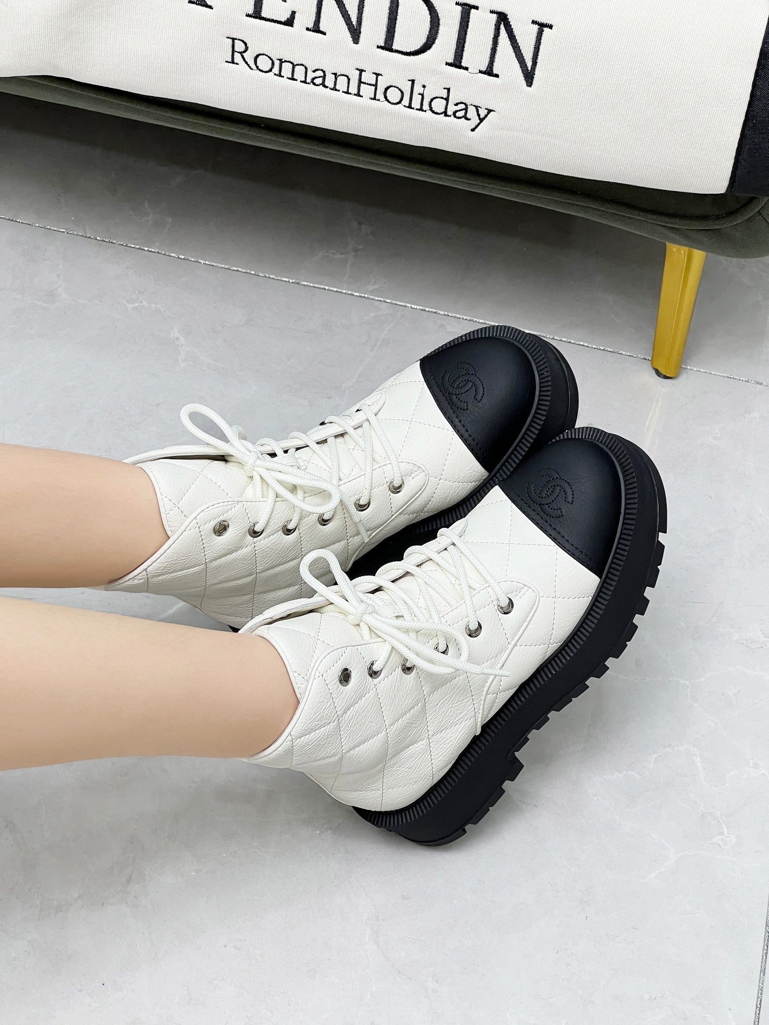 CC Combat Boots In White Mix Black Quilted Lambskin  944577