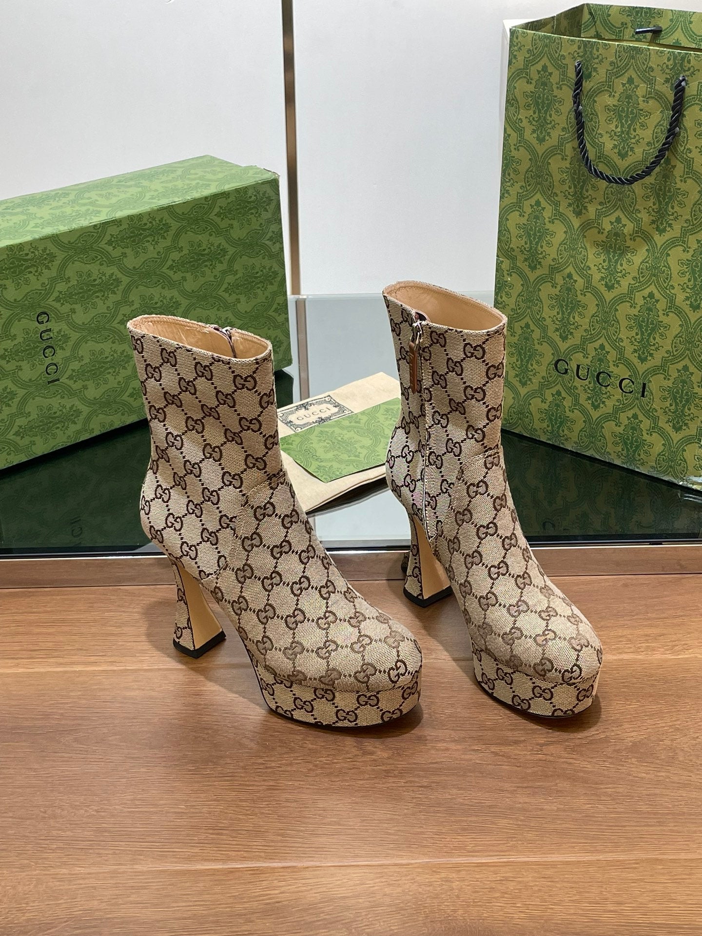 GG HIGH SANDAL 11.5 CM IN CAMEL BROWN MONOGRAM JACQUARD FABRIC