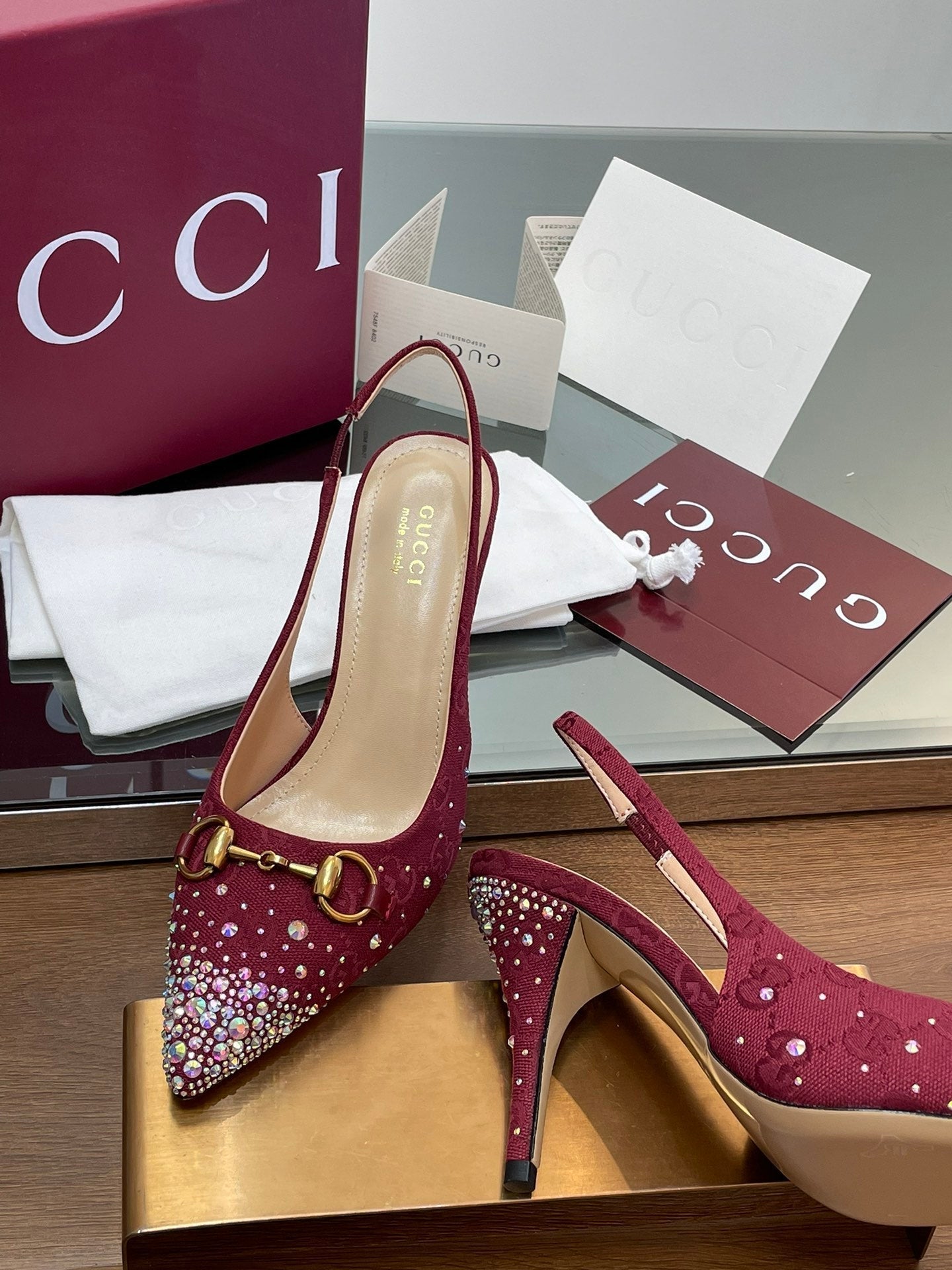 GG Horsebit Slingback 85MM Red Ebony Monogram Canvas Point Toe Crystal-Embellished