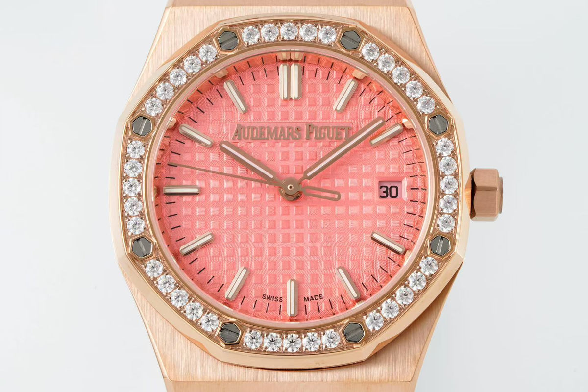 Audemars Piguet Royal Oak 34mm Pink Dial Pink Gold Case Diamond Bezel