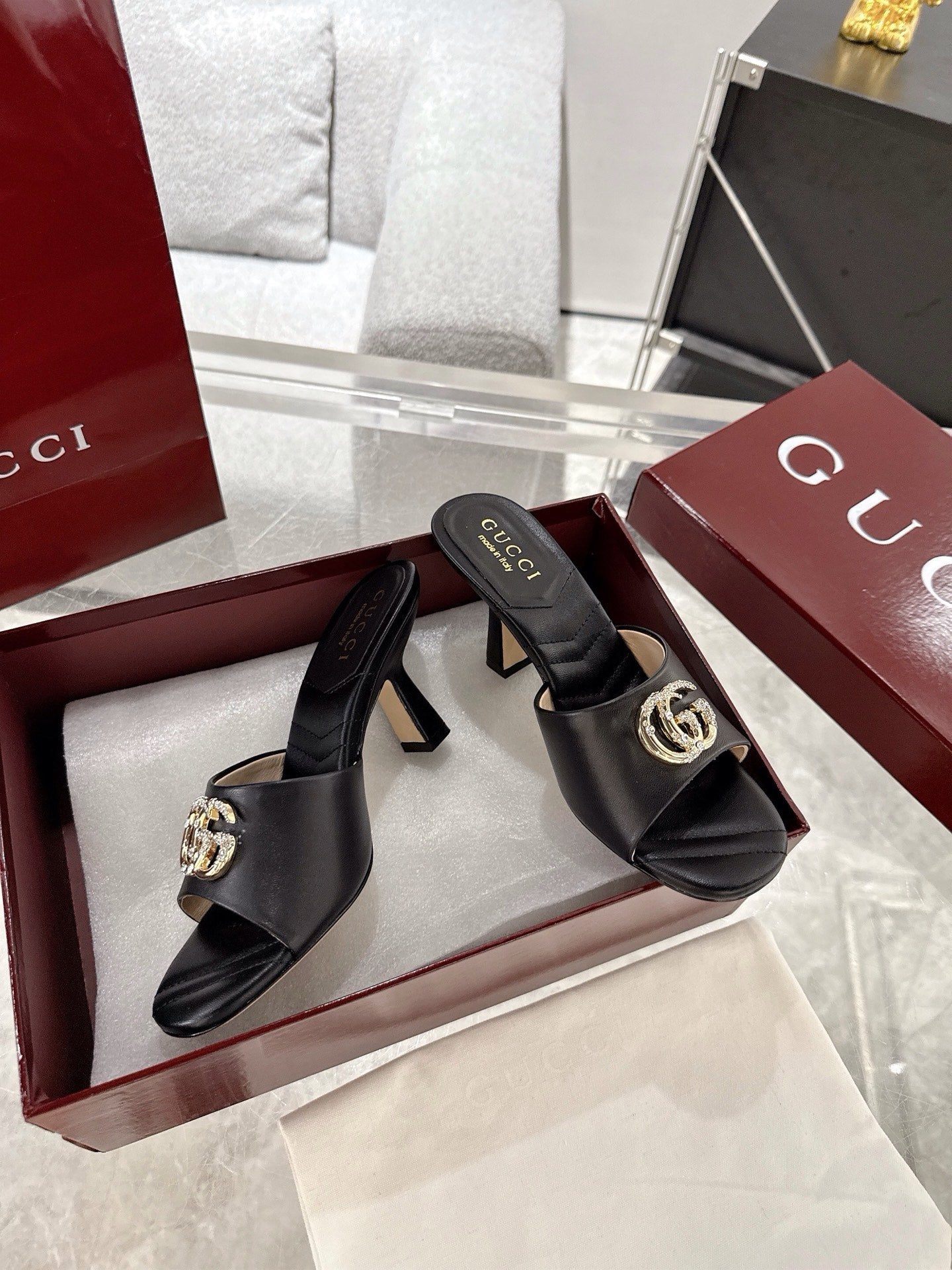 GC 2025 Double G High Heel Sandals Black Sheepskin 292469