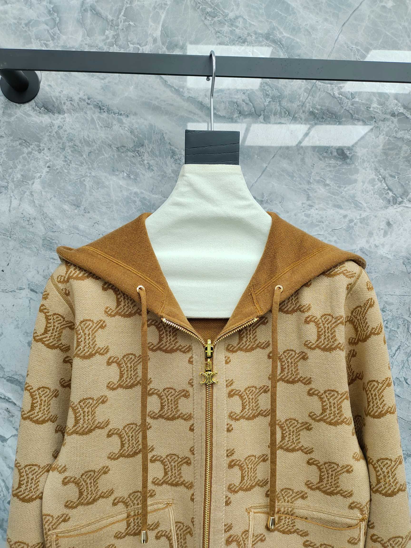 Celine 25 Hooded Knitted Cardigan Camel Brown Wool 282134