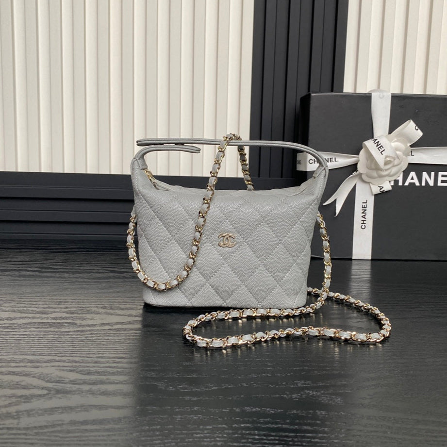 CC 25C Hobo Bag 21.5cm Top Handle Grey Grained Calfskin