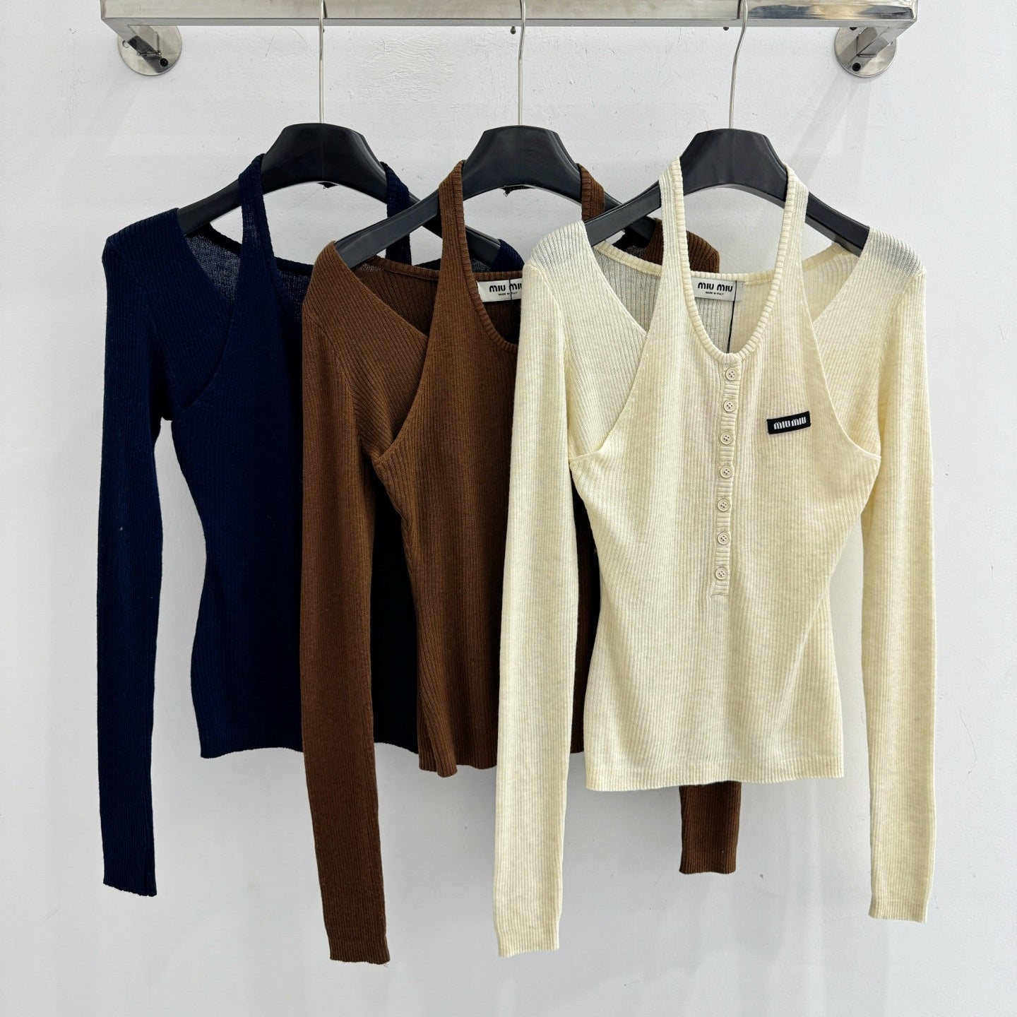 Miumiu 2026 Halter Neck Hollow-Out Faux Two-Piece Ribbed Knitwear Wool 749025